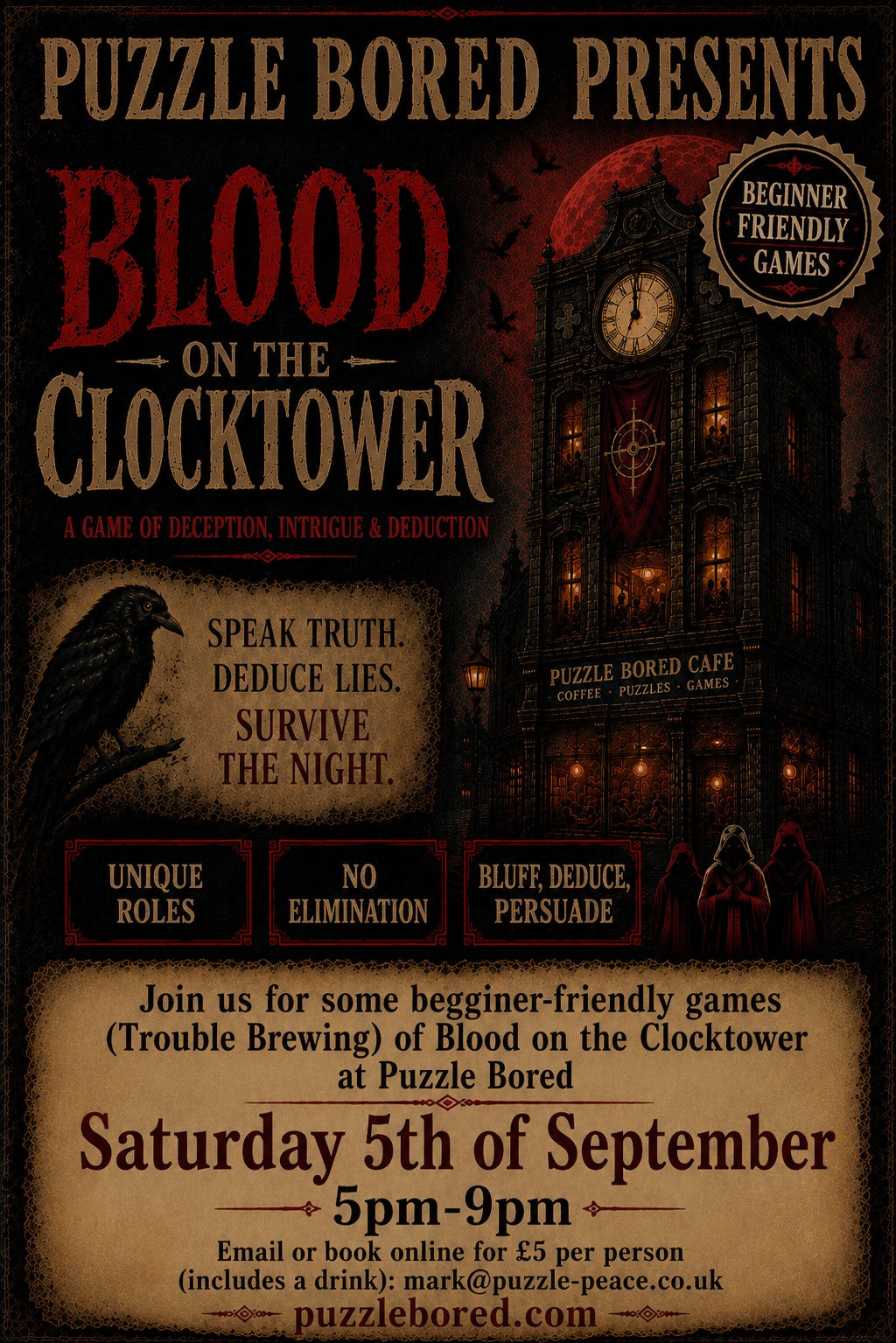 Blood on the Clocktower 'Beginner Friendly Game' - Saturday 5th September from 5pm